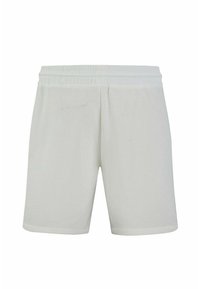 Shorts blancs avec une taille élastique, fabriqués en tissu doux. Le design présente des jambes droites et une surface lisse et texturée.