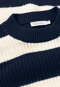 Strickpullover mit horizontalen Streifen in Marineblau und Creme. Grobe gerippte Kragenform und Textur. Das Etikett trägt die Aufschrift "hessnatur" mit Größe 48.