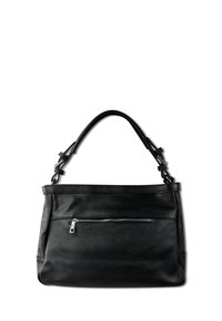 Sac à main en cuir noir avec un fini texturé, doté d'une poignée supérieure unique et d'une poche zippée à l'avant pour le rangement.