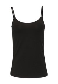 Top in jersey nero, realizzato in tessuto morbido. Caratterizzato da spalline sottili e regolabili e un scollo arrotondato. Design semplice e aderente senza fantasie.