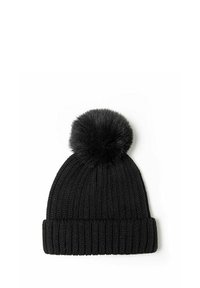 Mustad must knititud beanie, millel on paks soonikkoes riba ja pehme must pom-pom peal. Materjal tundub pehme ja tekstureeritud.