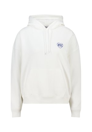 Witte hoodie gemaakt van zacht materiaal met een zak aan de voorkant en een geborduurd blauw hart met "NYC" erin. Ruimvallend model.