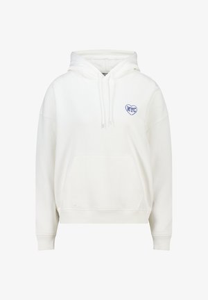 White hooded sweatshirt made of soft fabric featuring a front pocket and an embroidered blue heart with "NYC" inside. Loose fit.