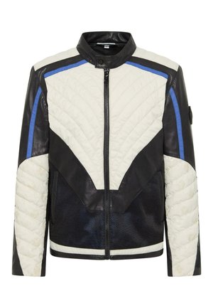 Leather and quilted jacket in black, beige, and blue. Features a stand-up collar, zipper closure, and mesh accents on the lower panels.