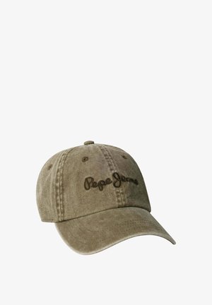 Khakifarbene Baseballkappe mit gebogenem Schirm und "Pepe Jeans" in dunklem Faden auf dem vorderen Panel bestickt.
