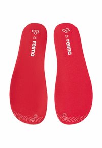 Paire de semelles rouges de la marque Reima avec la taille 33 imprimée en blanc et un logo en forme de cœur sur les extrémités supérieures.