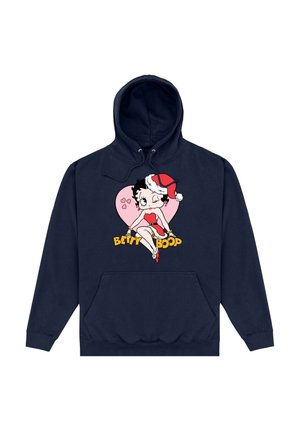 Granatowy hoodie z przednią kieszenią. Posiada kartonową grafikę Betty Boop w czerwonej sukience i czapce Mikołaja, z różowymi sercami i napisem "Betty Boop".