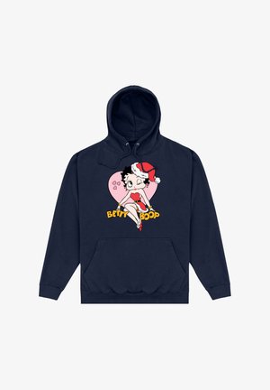 Granatowy hoodie z przednią kieszenią. Posiada kartonową grafikę Betty Boop w czerwonej sukience i czapce Mikołaja, z różowymi sercami i napisem "Betty Boop".