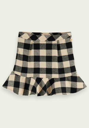 Jupe à carreaux noir et beige avec un ourlet volanté évasé, taille haute et partie supérieure cintrée.