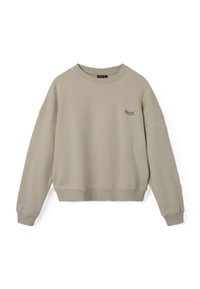 Beige lühikeste käistega sweatshird, mis on valmistatud pehmest materjalist. Omaduseks on ümar kaelus, vaba lõige ja väike lilla logo vasakul rinnal.