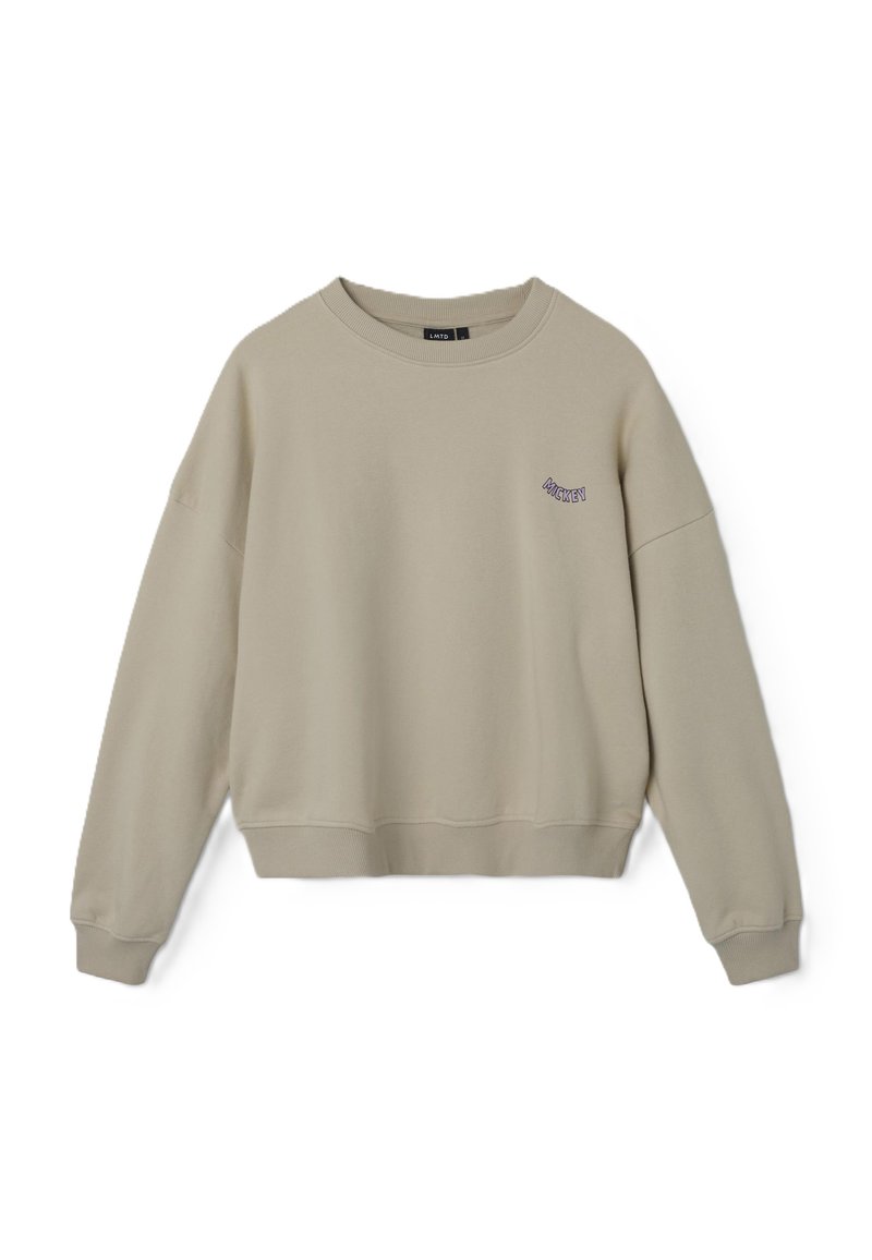 Beige lühikeste käistega sweatshird, mis on valmistatud pehmest materjalist. Omaduseks on ümar kaelus, vaba lõige ja väike lilla logo vasakul rinnal.