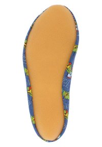 Inlegzool met een gevormde vorm, voorzien van een zachte tan bovenlaag en een blauwe stoffen rand versierd met kleurrijke cartoonpatronen.