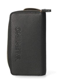Portafoglio in pelle nera con texture a ciottoli, cerniera dorata e logo "VALENTINO" impresso sulla parte anteriore. Forma rettangolare con angoli arrotondati.
