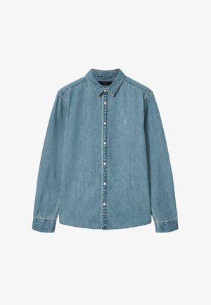 Light blue denim button-up shirt with long sleeves, collar, and white buttons, laid flat on a white background.