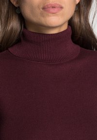 Kobieta z długimi brązowymi włosami, nosząca srebrne kolczyki i prążkowany, ciemnofioletowy sweter z golfem, z zamkniętymi ustami i neutralnym wyrazem twarzy.