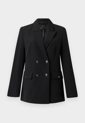 Black double-breasted blazer made of smooth fabric, featuring a notched collar, two front pockets, and round black buttons.