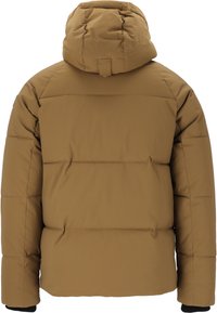 Brun polstret jakke med hætte, horisontal quiltet design og elastiske manchetter. Materialet fremstår glat med en mat finish.