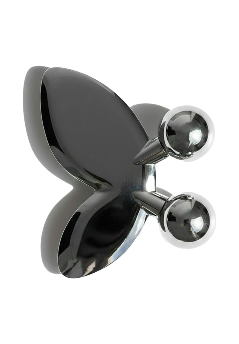 Crochet mural en plastique noir en forme de papillon avec deux accents en boule chromée brillante. Texture lisse et courbes élégantes pour un design moderne.