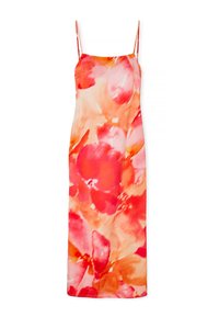 Rankovėmis nenaudojama, ilga slips stiliaus suknelė su plonomis petnešomis, su laisvu gėlių raštu raudonos, rožinės ir oranžinės spalvų atspalviais ant šviesaus fono.