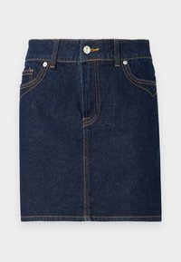 Mørkeblå denimskjørt med synlig søm, fem-lomme design og frontknappåpning. Rett snitt med en ren kant.
