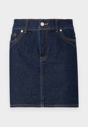 Tamno plavi traper suknja s vidljivim šavovima, dizajnom s pet džepova i prednjim kopčanjem na gumb. Ravnog kroja s čistom hemom.