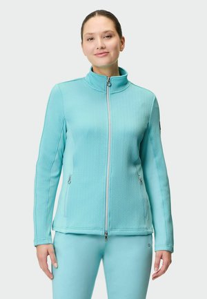Light blue zip-up jacket with a high collar, textured pattern, side pockets, and fitted design, paired with matching athletic pants.
