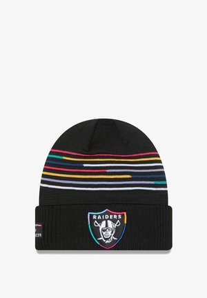 Berretto a maglia nera con strisce orizzontali colorate e orlo piegato. Presenta un logo ricamato dei Raiders sul davanti.