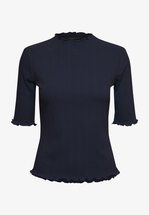Námornícky modrý rebrovaný top s vysokým výstrihom, ktorý má krátke rukávy s volánikmi a rozšírený dolný lem pre priliehavý vzhľad.
