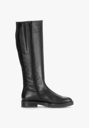Black leather knee-high boots with a flat sole, featuring a full-length side zipper and smooth texture, offering a streamlined design.