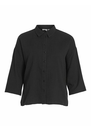 Black collared shirt with three-quarter sleeves, featuring a textured fabric and button front closure. Simple and oversized design.