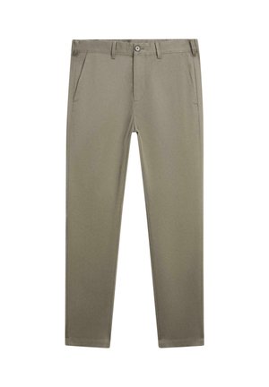Khaki bukser med lige ben, knaplukning, bæltestropper, sidelommer og et rent, skræddersyet design.