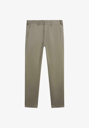 Khaki bukser med lige ben, knaplukning, bæltestropper, sidelommer og et rent, skræddersyet design.