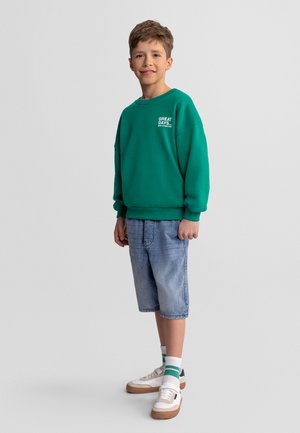 Chłopiec stoi i się uśmiecha, ma na sobie zieloną bluzę z napisem "Great Days", krótkie spodnie dżinsowe do kolan, paskowane skarpetki i białe trampki.