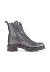 Zwarte leren enkelboots met een gestructureerde afwerking, voorzien van veters, een zijrits en een chunkyat heel. Ontworpen voor duurzaamheid en ondersteuning.