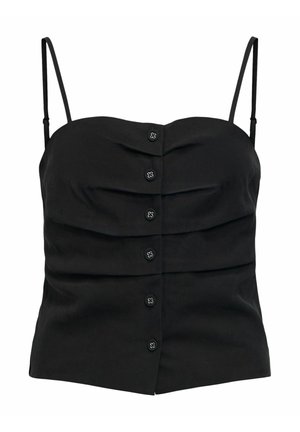 Musta hihaton yläosa, jossa on ohuet säädettävät olkaimet ja kuusi mustaa nappia keskellä edessä, hieman sydämenmuotoinen pääntie.