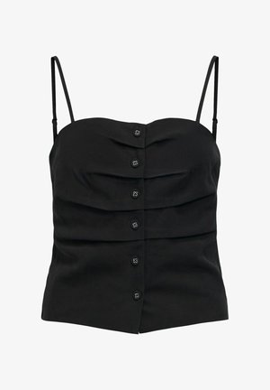 Mustad varrukateta top, millel on õhukesed reguleeritavad rihmad ja kuus musta nööpi keskel ees, veidi südamekujulise kaelusega.