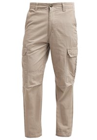 Beige cargo pants made of cotton with a straight cut, featuring two side pockets and two large cargo pockets on the thighs.