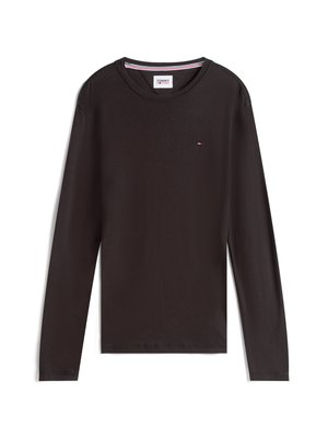 Camicia nera in cotone a maniche lunghe con colletto rotondo e logo minimale. Presenta dettagli a strisce rosse e bianche sul colletto interno.