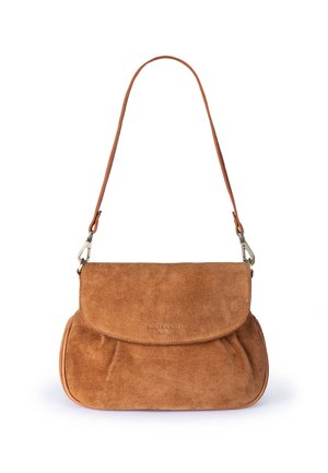 Brown suede shoulder bag with flap closure and adjustable strap, featuring subtle brand name "Holzrichter Berlin" on front flap.