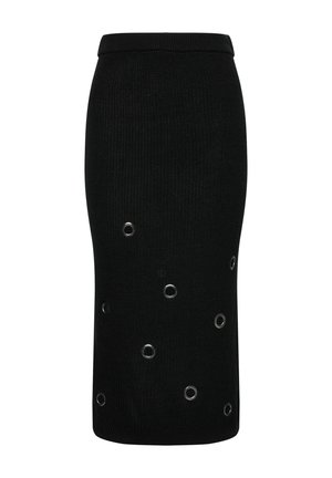Gonna midi nera a maglia con una forma aderente, presenta occhielli metallici disposti a pattern sparso e una vita a costine per un tocco di texture in più.