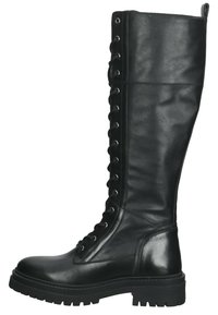 Bottes en cuir noir montant jusqu'au genou, avec un bout arrondi, un laçage apparent et une semelle en caoutchouc épaisse et texturée. Surface lisse et talon renforcé.