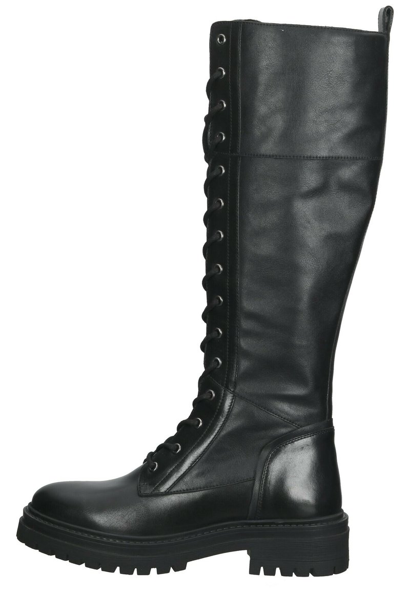 Bottes en cuir noir montant jusqu'au genou, avec un bout arrondi, un laçage apparent et une semelle en caoutchouc épaisse et texturée. Surface lisse et talon renforcé.