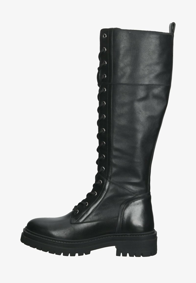 Bottes en cuir noir montant jusqu'au genou, avec un bout arrondi, un laçage apparent et une semelle en caoutchouc épaisse et texturée. Surface lisse et talon renforcé.