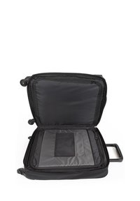 Valigia nera con ruote e interno grigio aperto, dotato di tasca a rete e scomparto con zip, realizzata in materiali resistenti.