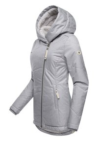 Gray puffy jacket with a hood and fur lining, featuring a diagonal zip closure and side pockets with contrasting accents.
