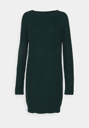 Grünes gestricktes Kleid mit langen Ärmeln, Rundhalsausschnitt, strukturiertem Muster und gerippten Bündchen, Saum und Ausschnitt. Weiches Material.