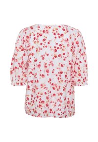 Blusa bianca con motivo floreale rosso e giallo. Maniche corte a sbuffo e un design fluido. Tessuto leggero con una consistenza morbida.