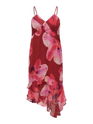 Rød ærmeløs blomsterkjole med store pink og lilla blomsterprint, flæset asymmetrisk skørt og tynde skulderstropper.