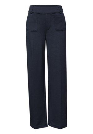 Pantalon noir à jambes droites avec deux poches plaquées à l'avant et un détail de bouton sur la ceinture, fabriqué en tissu lisse.