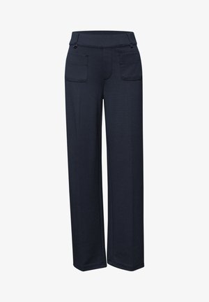 Pantalon noir à jambes droites avec deux poches plaquées à l'avant et un détail de bouton sur la ceinture, fabriqué en tissu lisse.